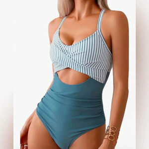 MakeMeChic Women's One Piece Swimsuits Colorblock Striped Cutout Tie Back